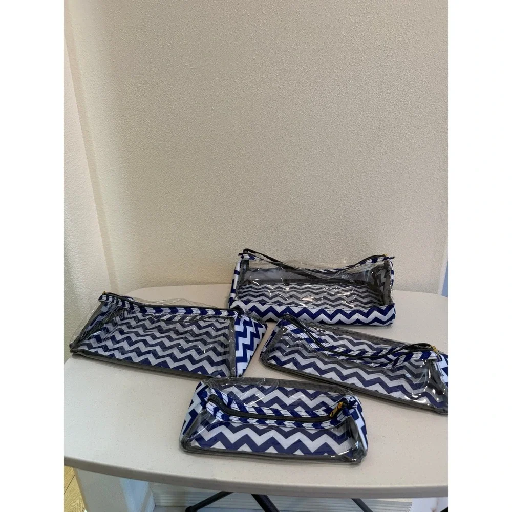 Navy Blue White Chevron Clear Toiletry Bag Set 4 Piece Travel Cosmetic Pouches
